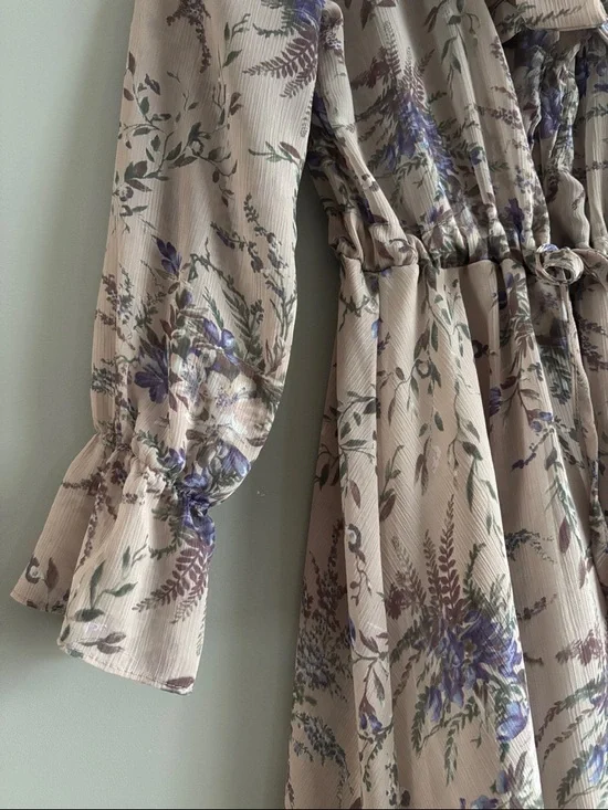 Korean Floral Tie-Neck Long Sleeve Midi Dress in Blush - Picture 2 of 9